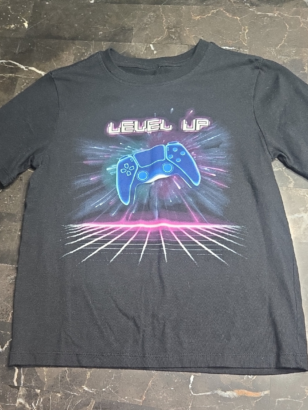 wonder nation Black Tee with Blue Controller and Pink Neon Graphic